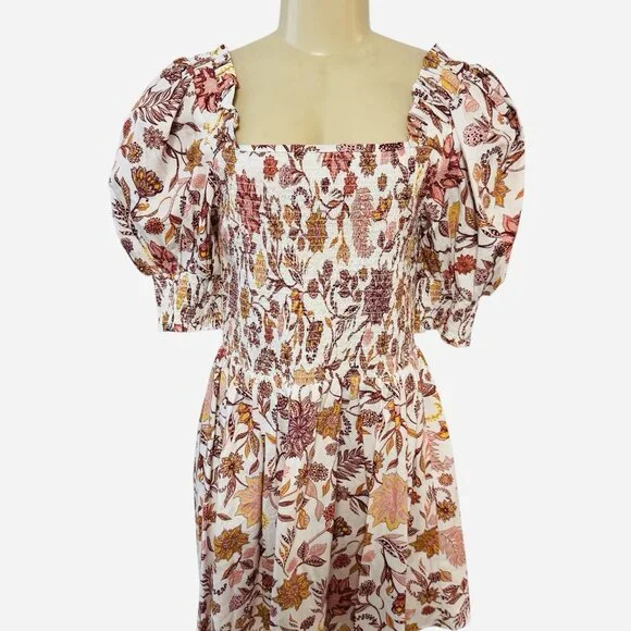 1.STATE REVOLVE Puff Sleeve‎ Smocked Mini Dress Fiesta Floral Batik Orange L - Picture 3 of 11